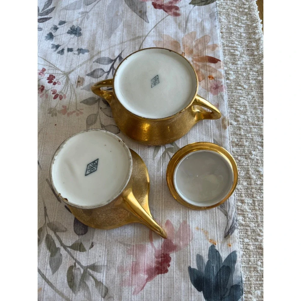 Vtg Fraunfelter Ohio China & Aw Steiner Creamer & Sugar Bowl w lid Weeping Gold
